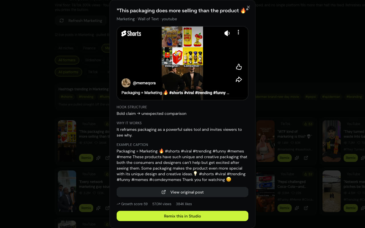 Break it down dialog showing a viral post's hook structure and caption